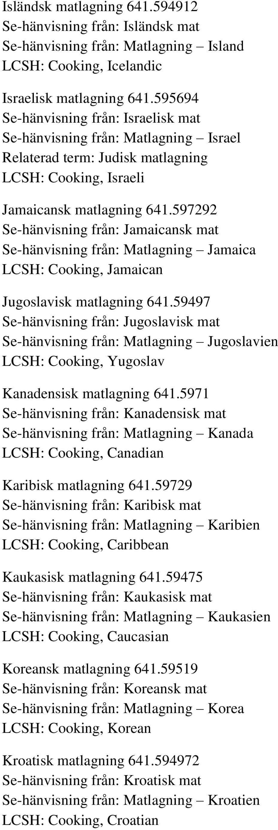 597292 Se-hänvisning från: Jamaicansk mat Se-hänvisning från: Matlagning Jamaica LCSH: Cooking, Jamaican Jugoslavisk matlagning 641.