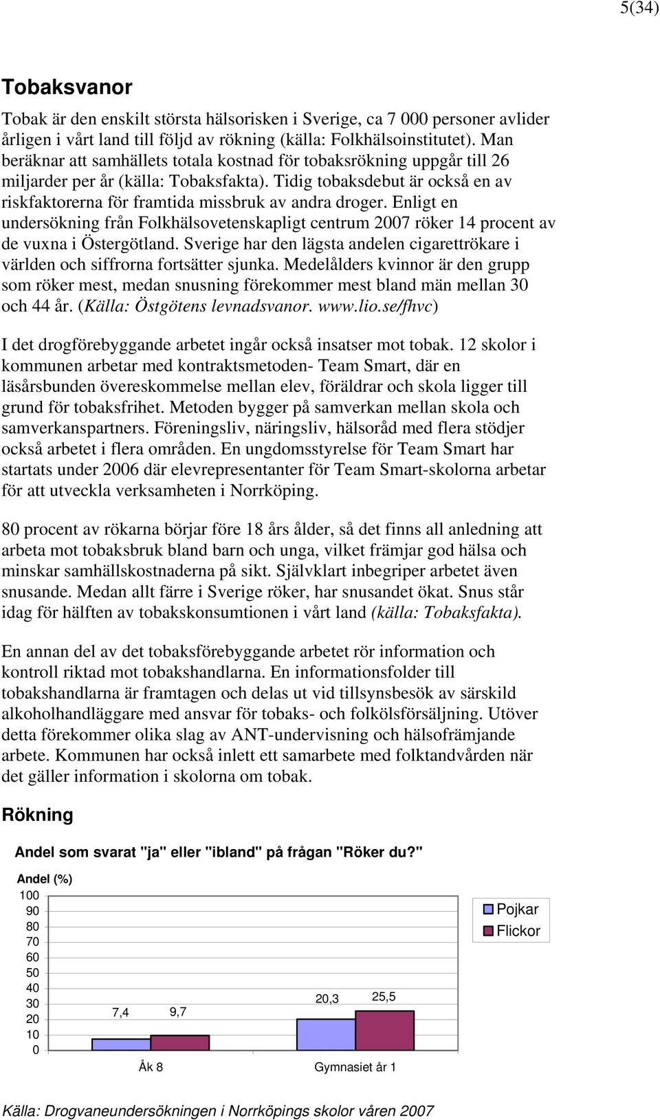 Tidig tobaksdebut är också en av riskfaktorerna för framtida missbruk av andra droger. Enligt en undersökning från Folkhälsovetenskapligt centrum 27 röker 14 procent av de vuxna i Östergötland.