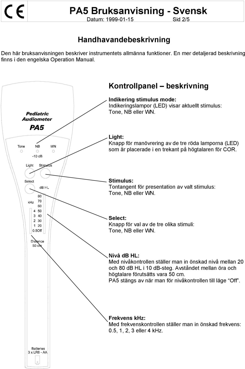 Light: Knapp för manövrering av de tre röda lamporna (LED) som är placerade i en trekant på högtalaren för COR. Stimulus: Tontangent för presentation av valt stimulus: Tone, NB eller WN.