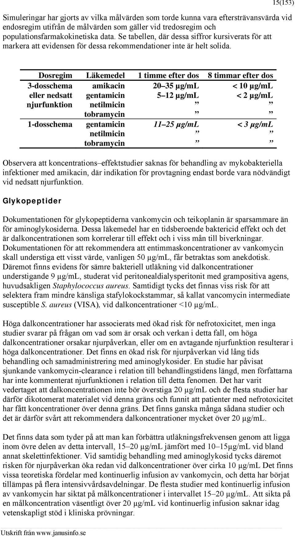 Dosregim Läkemedel 1 timme efter dos 8 timmar efter dos amikacin 20 35 µg/ml < 10 µg/ml gentamicin 5 12 µg/ml < 2 µg/ml netilmicin tobramycin 3-dosschema eller nedsatt njurfunktion 1-dosschema