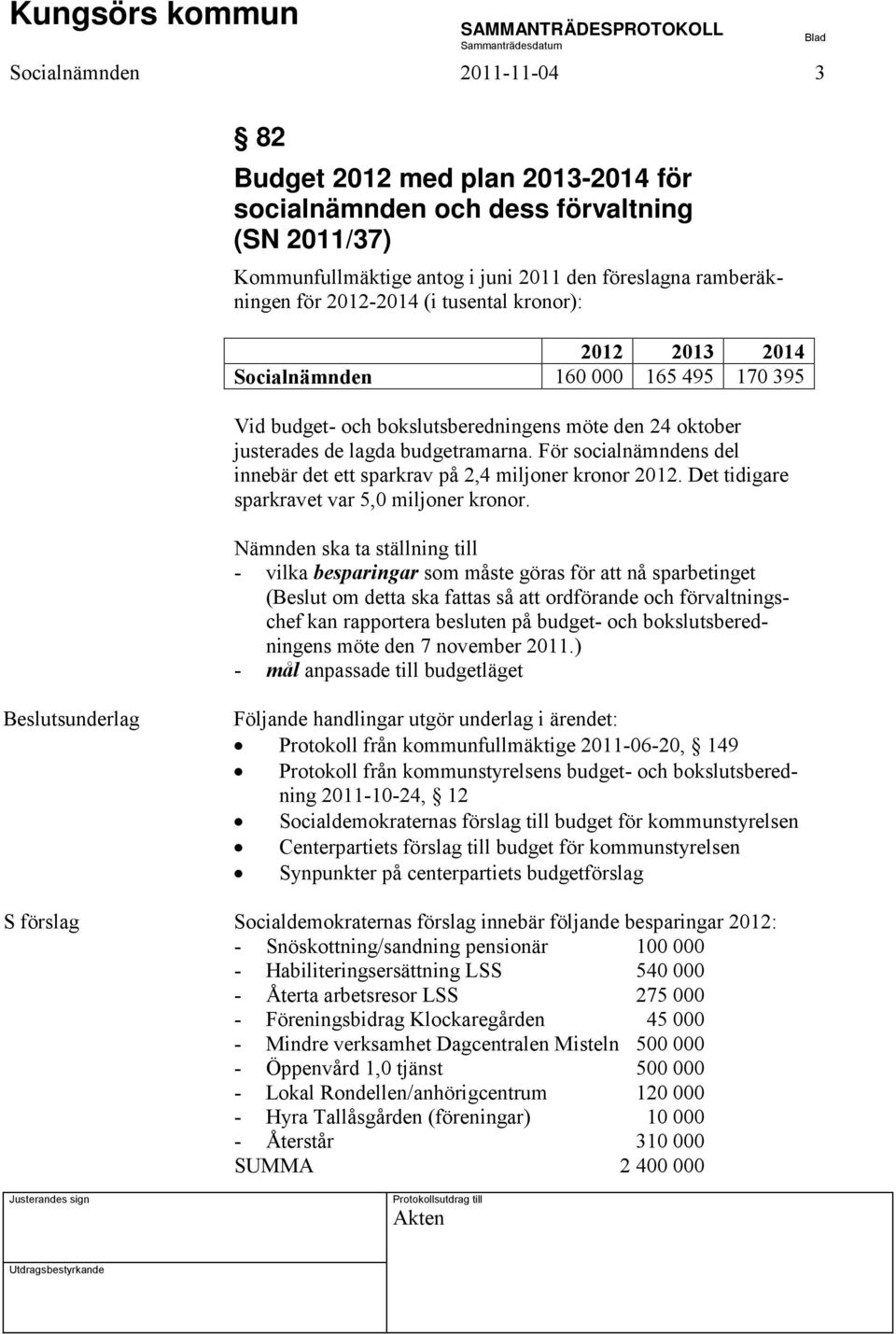 budgetramarna. För socialnämndens del innebär det ett sparkrav på 2,4 miljoner kronor 2012. Det tidigare sparkravet var 5,0 miljoner kronor.
