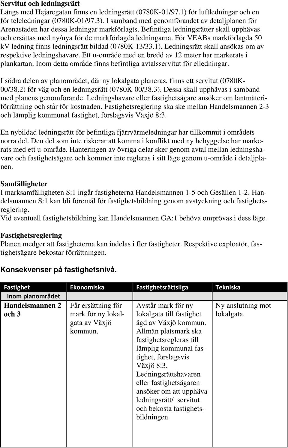 För VEABs markförlagda 50 kv ledning finns ledningsrätt bildad (0780K-13/33.1). Ledningsrätt skall ansökas om av respektive ledningshavare.