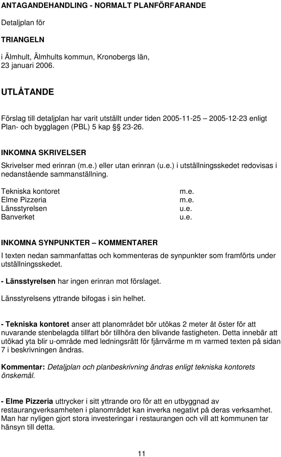 e.) i utställningsskedet redovisas i nedanstående sammanställning. Tekniska kontoret Elme Pizzeria Länsstyrelsen Banverket m.e. m.e. u.e. u.e. INKOMNA SYNPUNKTER KOMMENTARER I texten nedan sammanfattas och kommenteras de synpunkter som framförts under utställningsskedet.