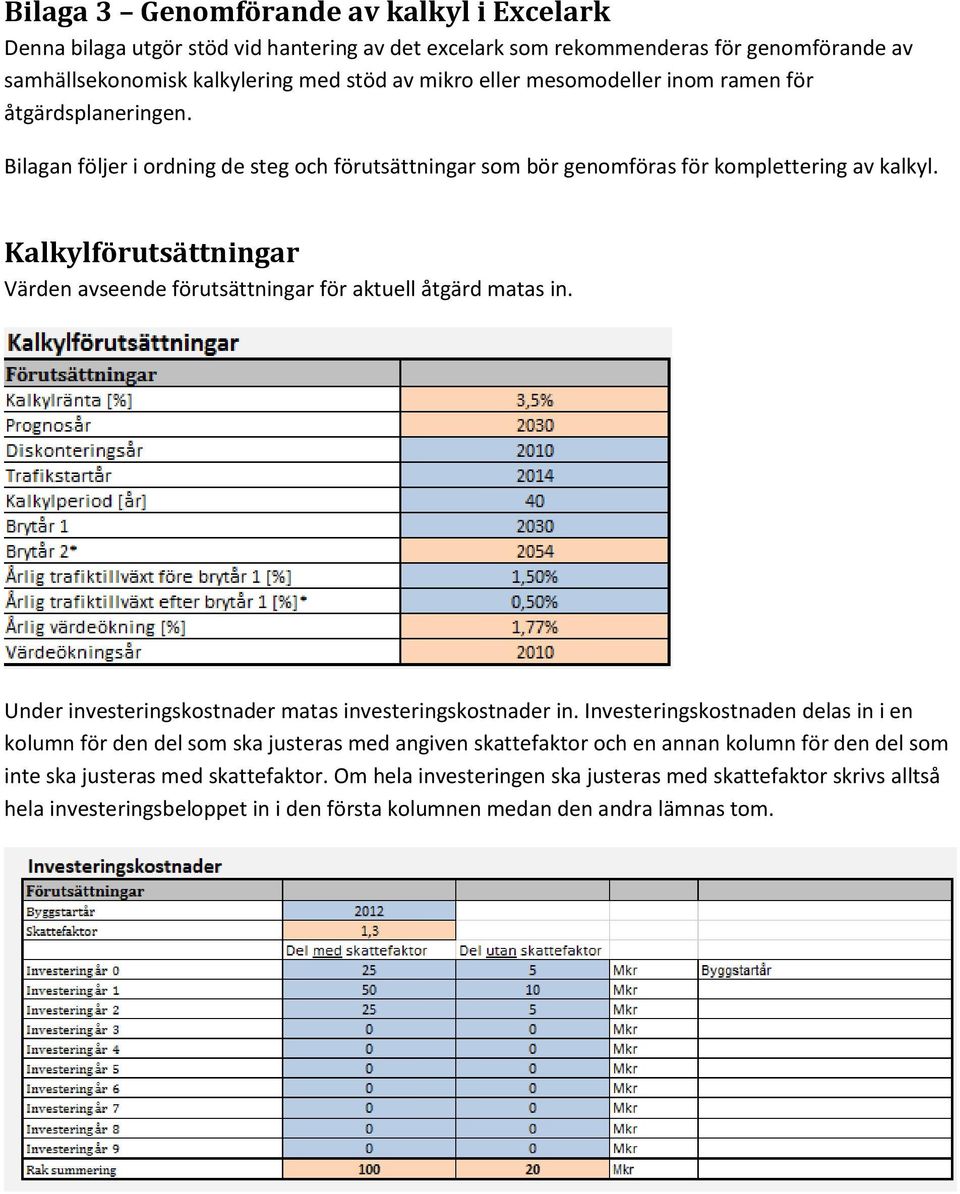 Kalkylförutsättningar Värden avseende förutsättningar för aktuell åtgärd matas in. Under investeringskostnader matas investeringskostnader in.