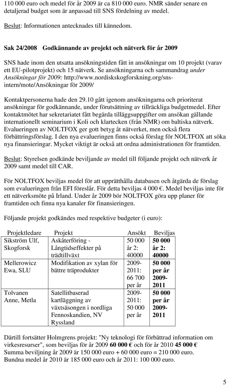 Se ansökningarna och sammandrag under Ansökningar för 2009: http://www.nordiskskogforskning.org/snsintern/mote/ansökningar för 2009/ Kontaktpersonerna hade den 29.