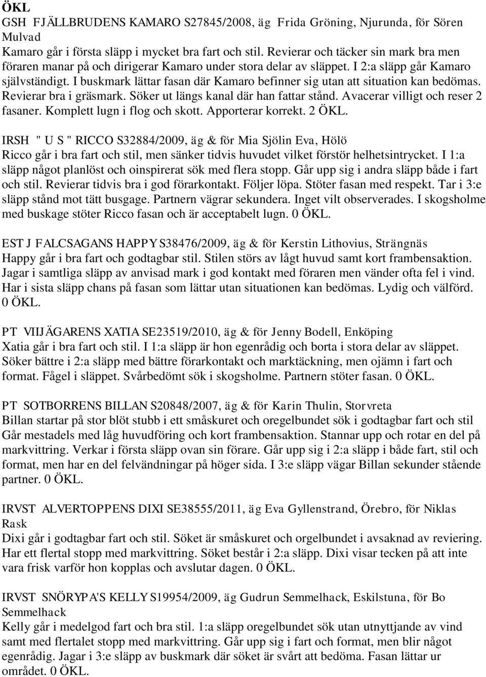 I buskmark lättar fasan där Kamaro befinner sig utan att situation kan bedömas. Revierar bra i gräsmark. Söker ut längs kanal där han fattar stånd. Avacerar villigt och reser 2 fasaner.