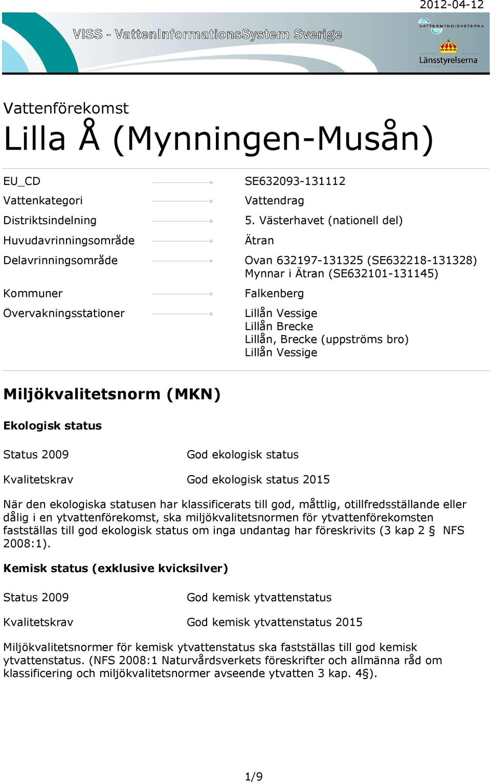 Miljökvalitetsnorm (MKN) Ekologisk status Status 2009 Kvalitetskrav ekologisk status ekologisk status 2015 När den ekologiska statusen har klassificerats till god, måttlig, otillfredsställande eller