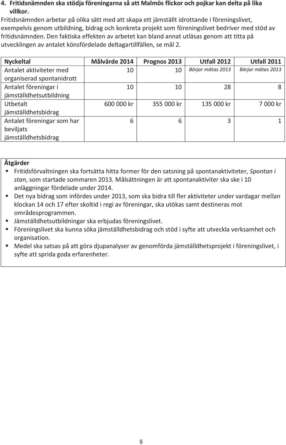 fritidsnämnden. Den faktiska effekten av arbetet kan bland annat utläsas genom att titta på utvecklingen av antalet könsfördelade deltagartillfällen, se mål 2.