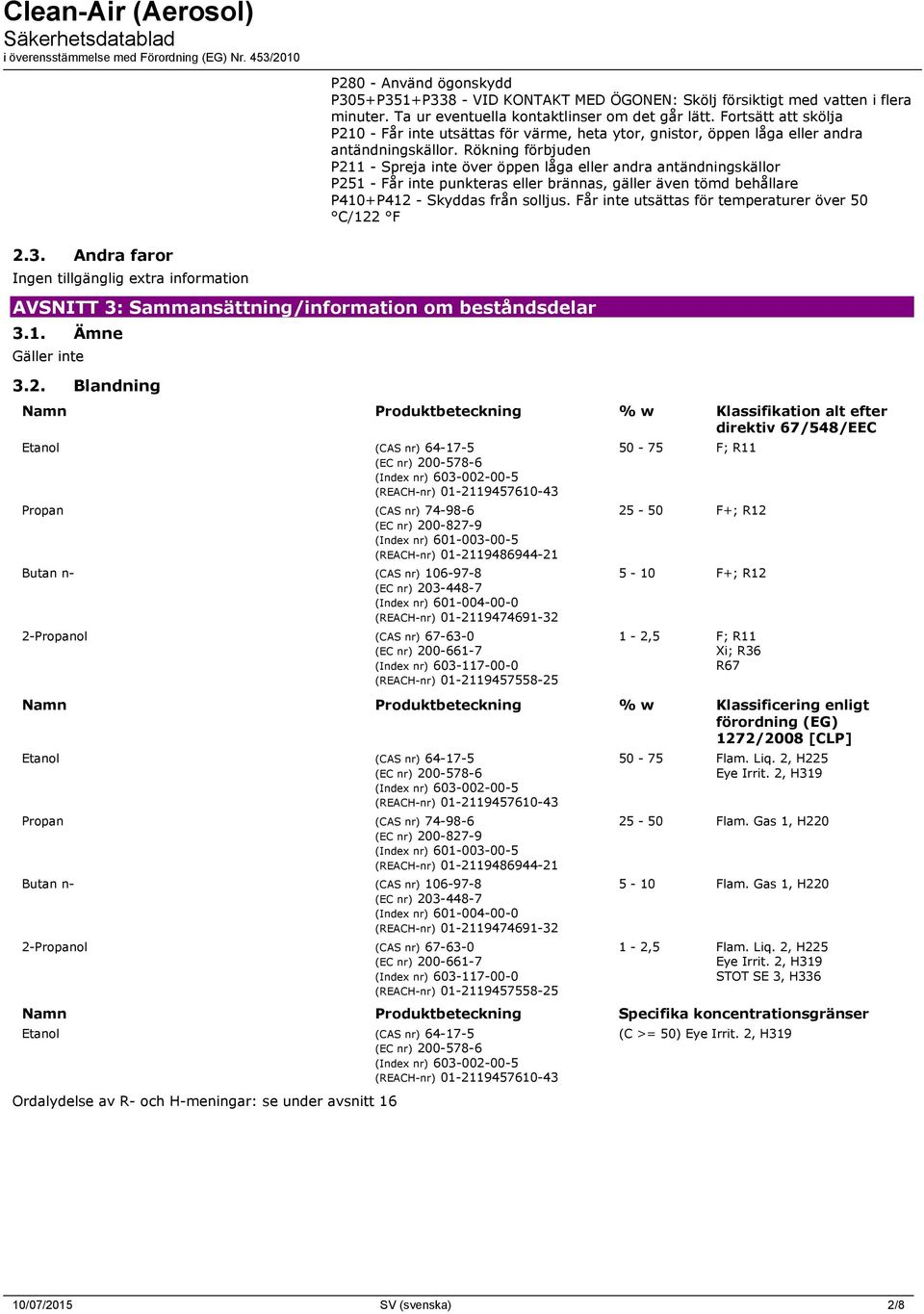 Rökning förbjuden P211 - Spreja inte över öppen låga eller andra antändningskällor P251 - Får inte punkteras eller brännas, gäller även tömd behållare P410+P412 - Skyddas från solljus.