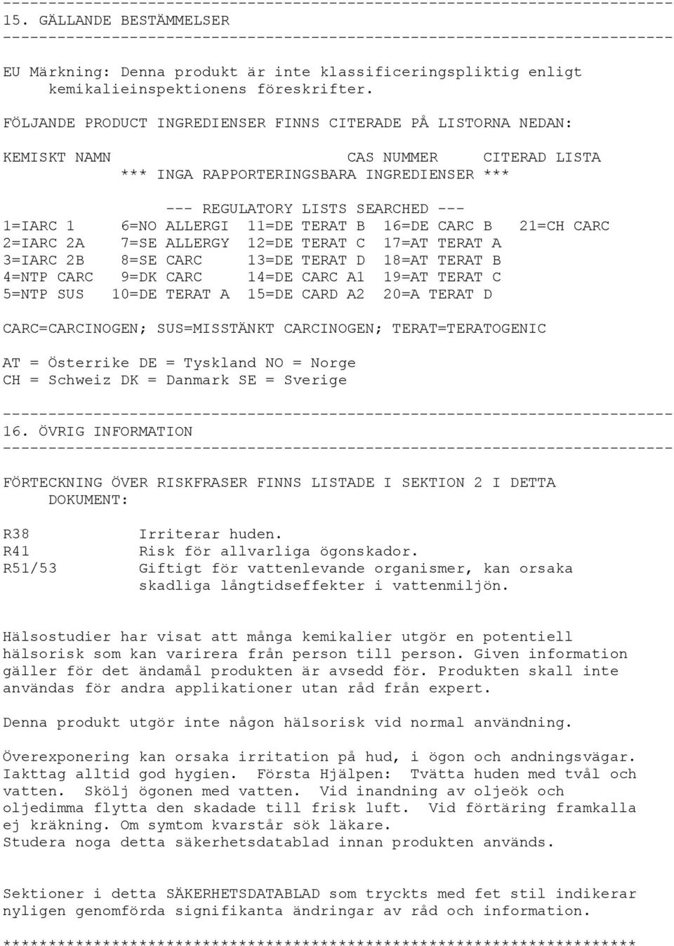 ALLERGI 11=DE TERAT B 16=DE CARC B 21=CH CARC 2=IARC 2A 7=SE ALLERGY 12=DE TERAT C 17=AT TERAT A 3=IARC 2B 8=SE CARC 13=DE TERAT D 18=AT TERAT B 4=NTP CARC 9=DK CARC 14=DE CARC A1 19=AT TERAT C 5=NTP