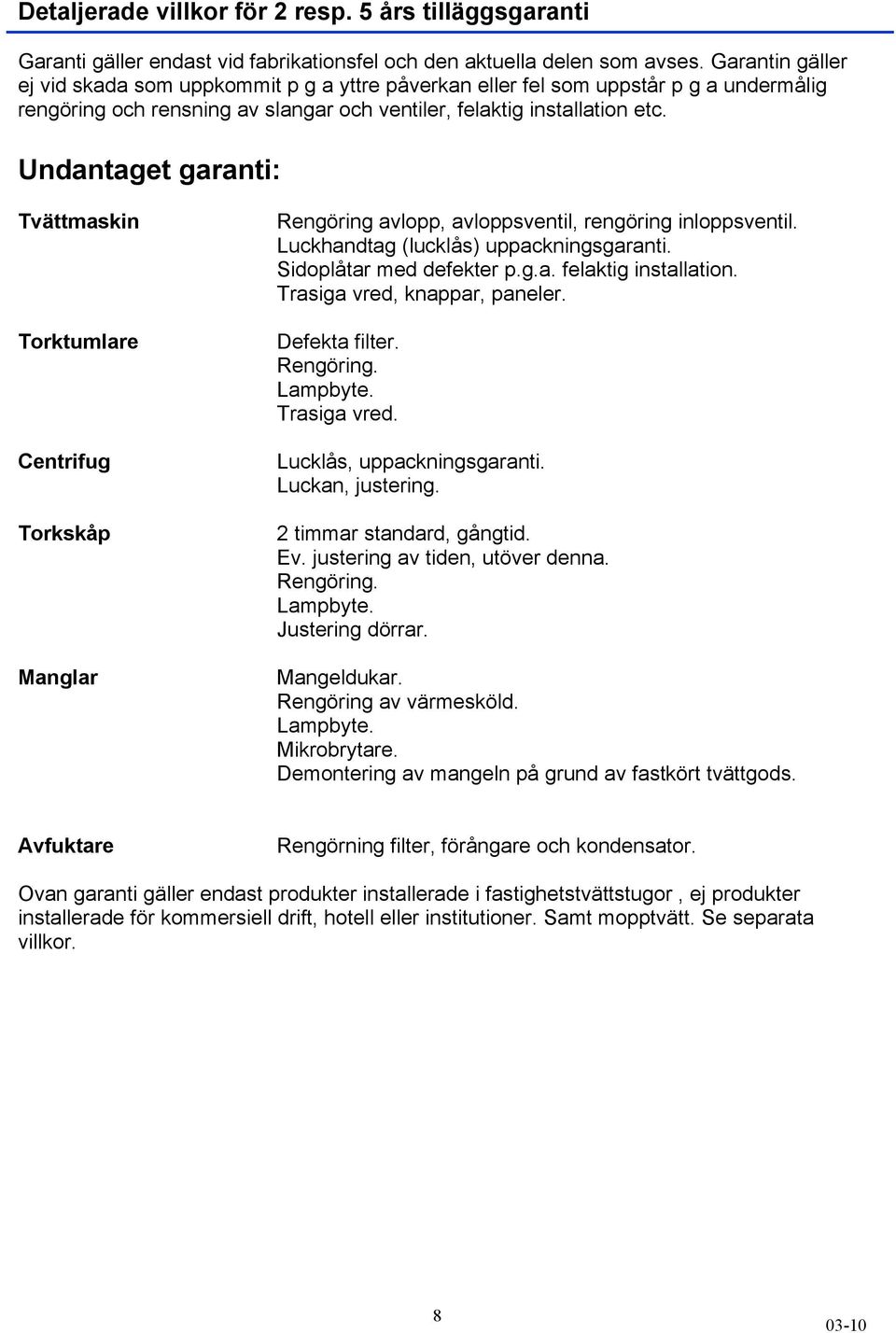 Undantaget garanti: Tvättmaskin Torktumlare Centrifug Torkskåp Manglar Rengöring avlopp, avloppsventil, rengöring inloppsventil. Luckhandtag (lucklås) uppackningsgaranti. Sidoplåtar med defekter p.g.a. felaktig installation.