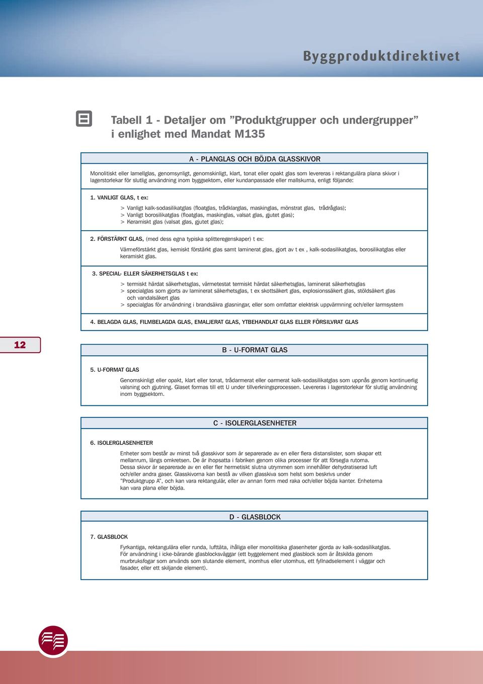 VANLIGT GLAS, t ex: > Vanligt kalk-sodasilikatglas (floatglas, trådklarglas, maskinglas, mönstrat glas, trådråglas); > Vanligt borosilikatglas (floatglas, maskinglas, valsat glas, gjutet glas); >