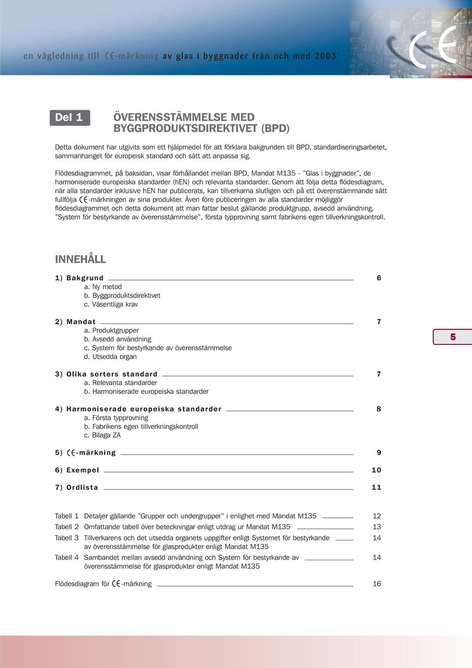 Flödesdiagrammet, på baksidan, visar förhållandet mellan BPD, Mandat M135 - Glas i byggnader, de harmoniserade europeiska standarder (hen) och relevanta standarder.