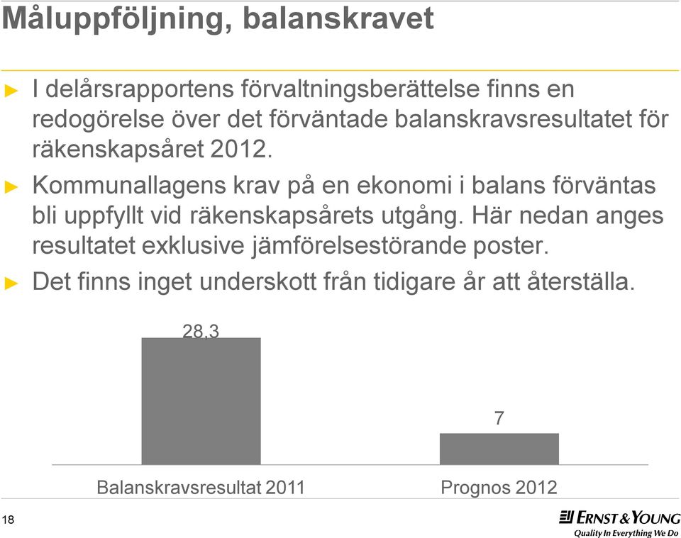 Kommunallagens krav på en ekonomi i balans förväntas bli uppfyllt vid räkenskapsårets utgång.