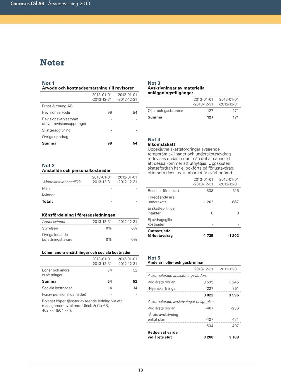 Könsfördelning i företagsledningen Andel kvinnor 2013-12-31 2012-12-31 Styrelsen 0% 0% Övriga ledande befattningshavare 0% 0% Not 3 Avskrivningar av materiella anläggningstillgångar