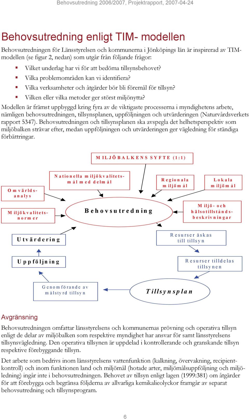 Modellen är främst uppbyggd kring fyra av de viktigaste processerna i myndighetens arbete, nämligen behovsutredningen, tillsynsplanen, uppföljningen och utvärderingen (Naturvårdsverkets rapport 5347).