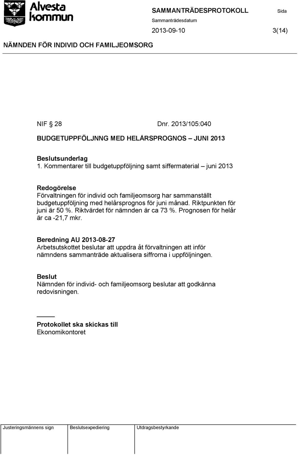 för juni månad. Riktpunkten för juni är 50 %. Riktvärdet för nämnden är ca 73 %. Prognosen för helår är ca -21,7 mkr.