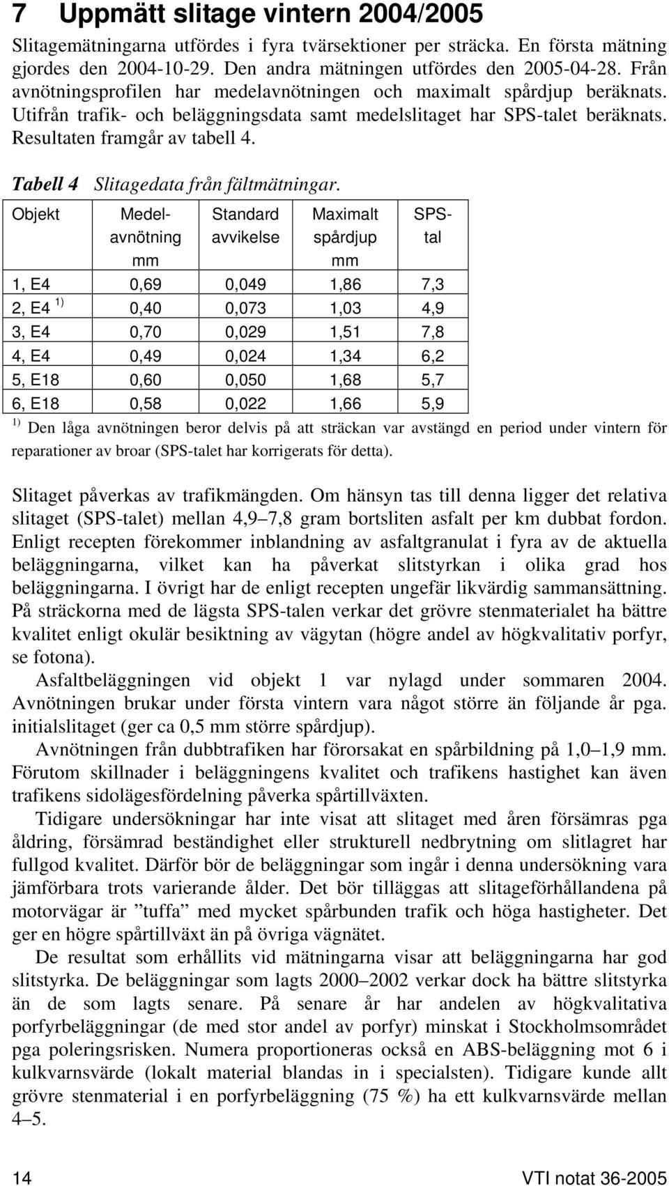 Tabell 4 Slitagedata från fältmätningar.