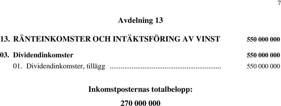 000 000 03. Dividendinkomster i 550 000 000 01.