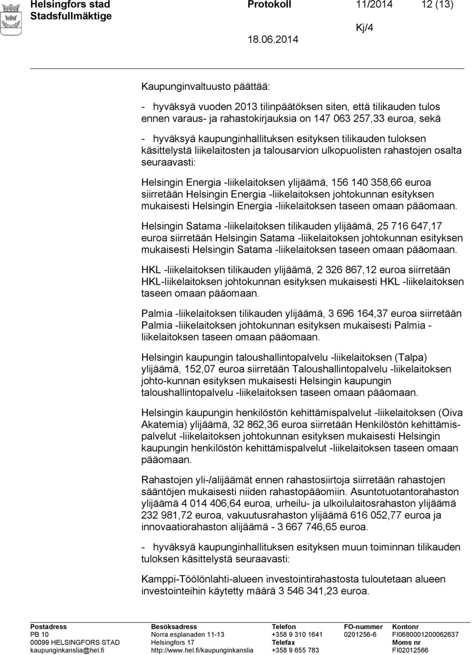 156 140 358,66 euroa siirretään Helsingin Energia -liikelaitoksen johtokunnan esityksen mukaisesti Helsingin Energia -liikelaitoksen taseen omaan pääomaan.