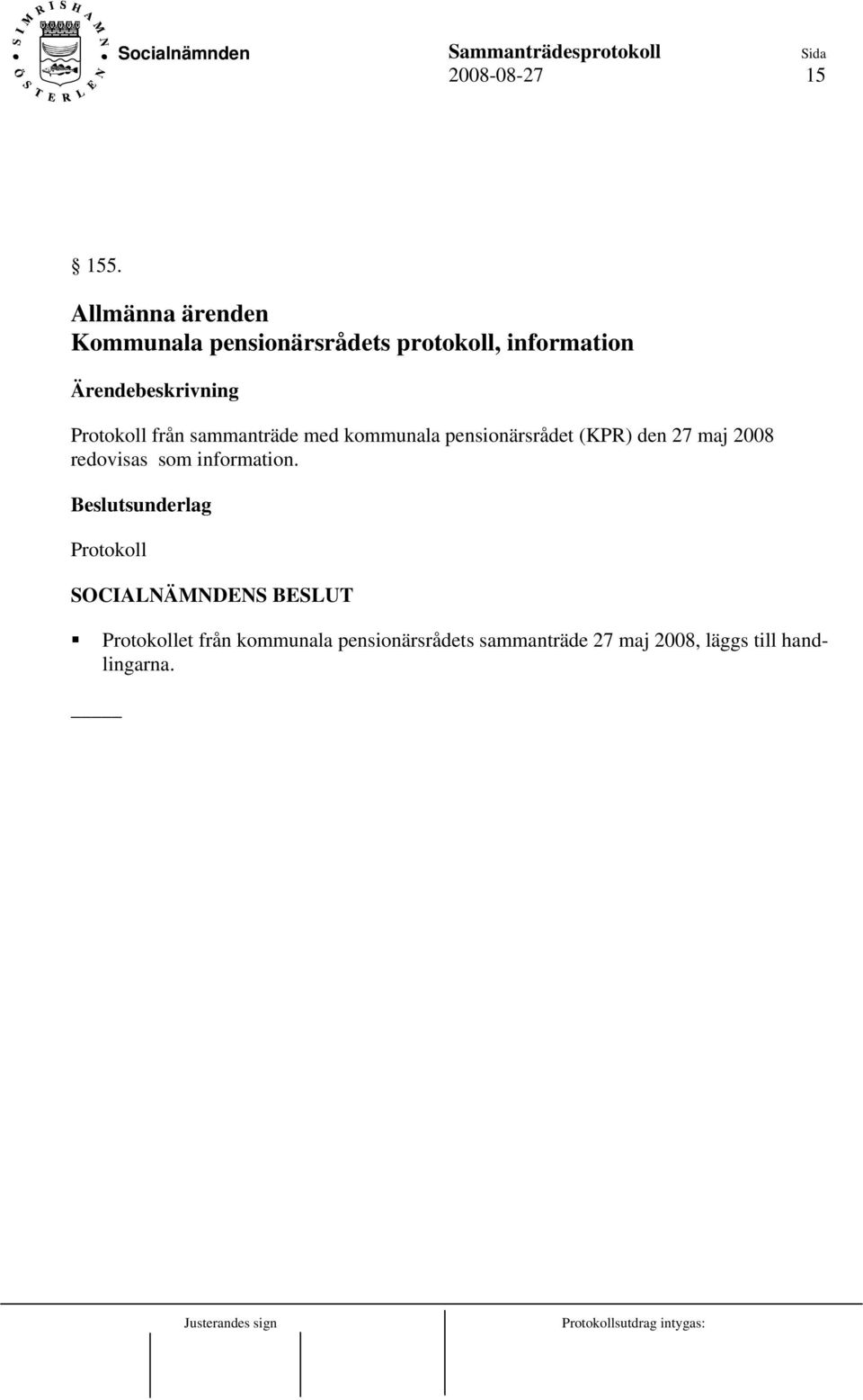 Protokoll från sammanträde med kommunala pensionärsrådet (KPR) den 27 maj