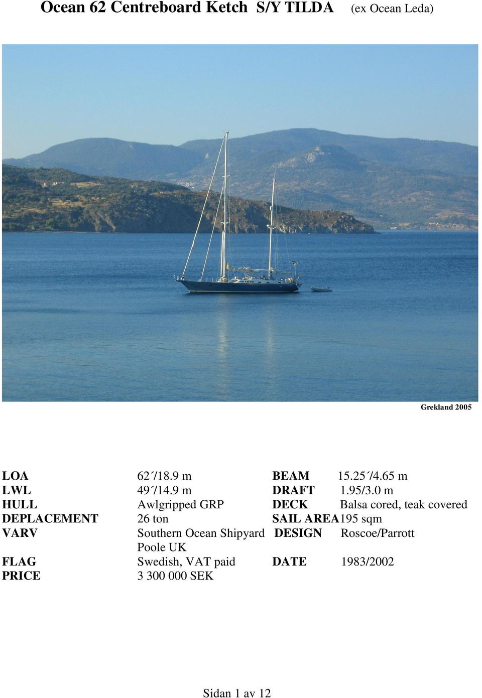 0 m HULL Awlgripped GRP DECK Balsa cored, teak covered DEPLACEMENT 26 ton SAIL AREA195
