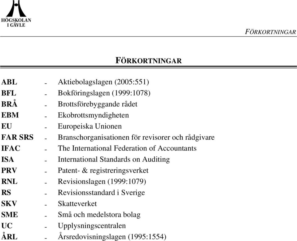 Federation of Accountants ISA - International Standards on Auditing PRV - Patent- & registreringsverket RNL - Revisionslagen (1999:1079)