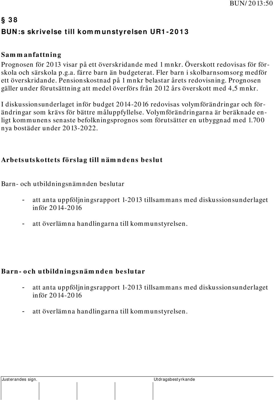 Prognosen gäller under förutsättning att medel överförs från 2012 års överskott med 4,5 mnkr.