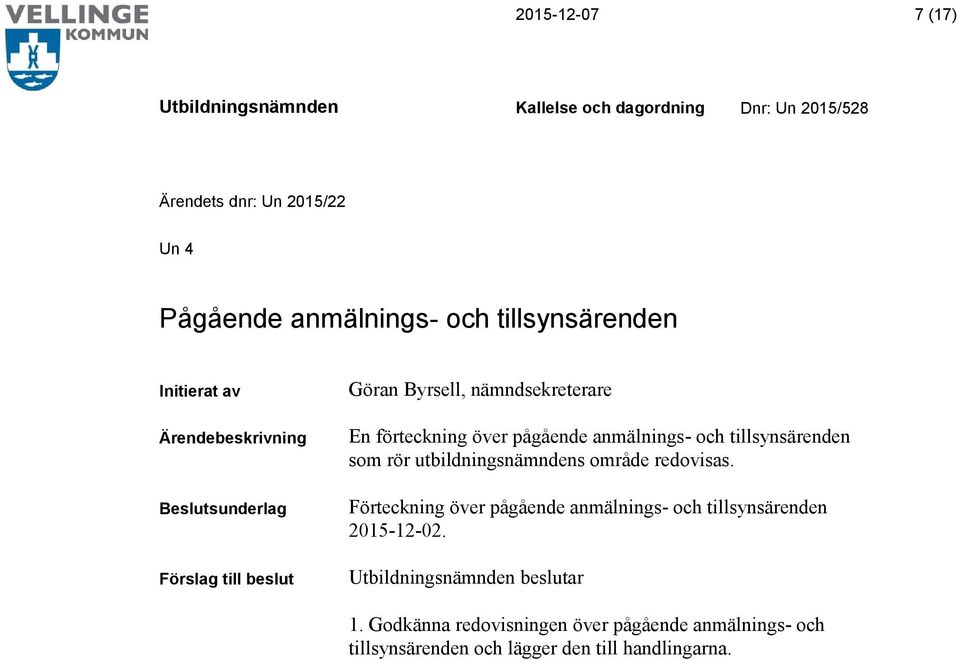 utbildningsnämndens område redovisas. Förteckning över pågående anmälnings- och tillsynsärenden 2015-12-02.