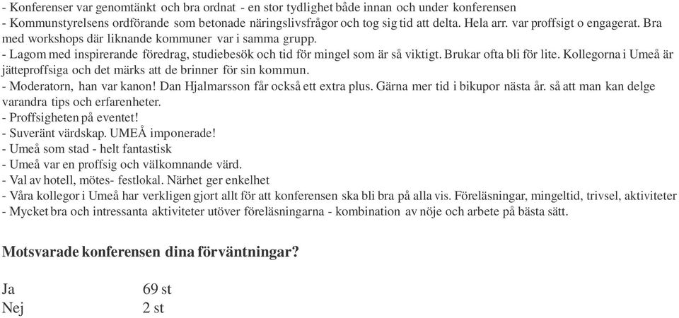 Kollegorna i Umeå är jätteproffsiga och det märks att de brinner för sin kommun. - Moderatorn, han var kanon! Dan Hjalmarsson får också ett extra plus. Gärna mer tid i bikupor nästa år.