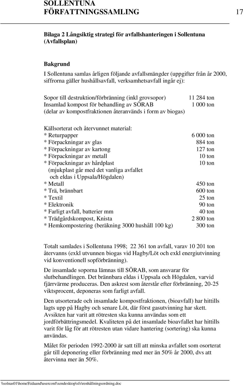 biogas) 11 284 ton 1 000 ton Källsorterat och återvunnet material: * Returpapper 6 000 ton * Förpackningar av glas 884 ton * Förpackningar av kartong 127 ton * Förpackningar av metall 10 ton *