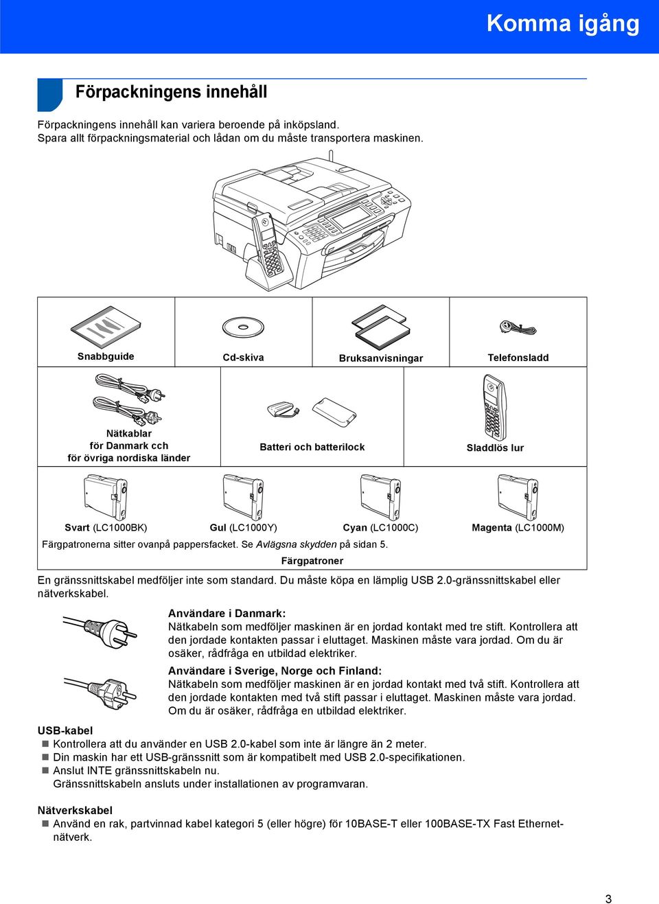 (LC1000M) Färgpatronerna sitter ovanpå pappersfacket. Se Avlägsna skydden på sidan 5. Färgpatroner En gränssnittskabel medföljer inte som standard. Du måste köpa en lämplig USB 2.
