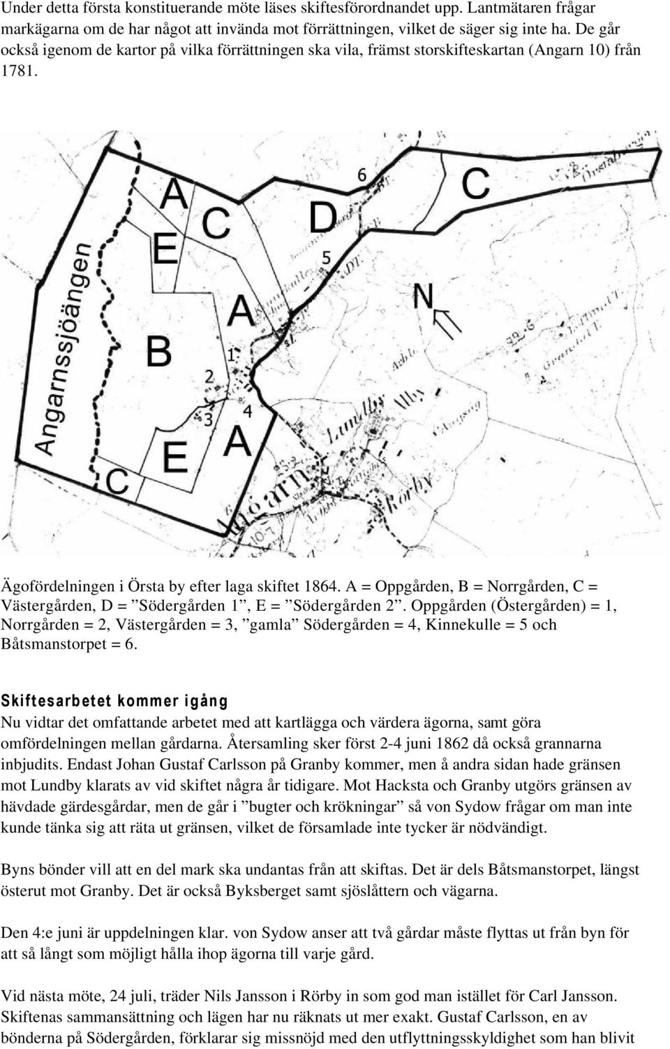 A = Oppgården, B = Norrgården, C = Västergården, D = Södergården 1, E = Södergården 2.