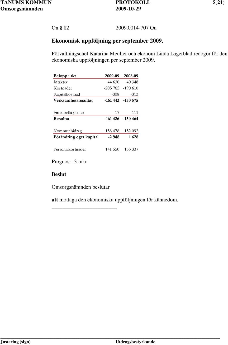 Belopp i tkr 2009-09 2008-09 Intäkter 44 630 40 348 Kostnader -205 765-190 610 Kapitalkostnad -308-313 Verksamhetsresultat -161 443-150 575