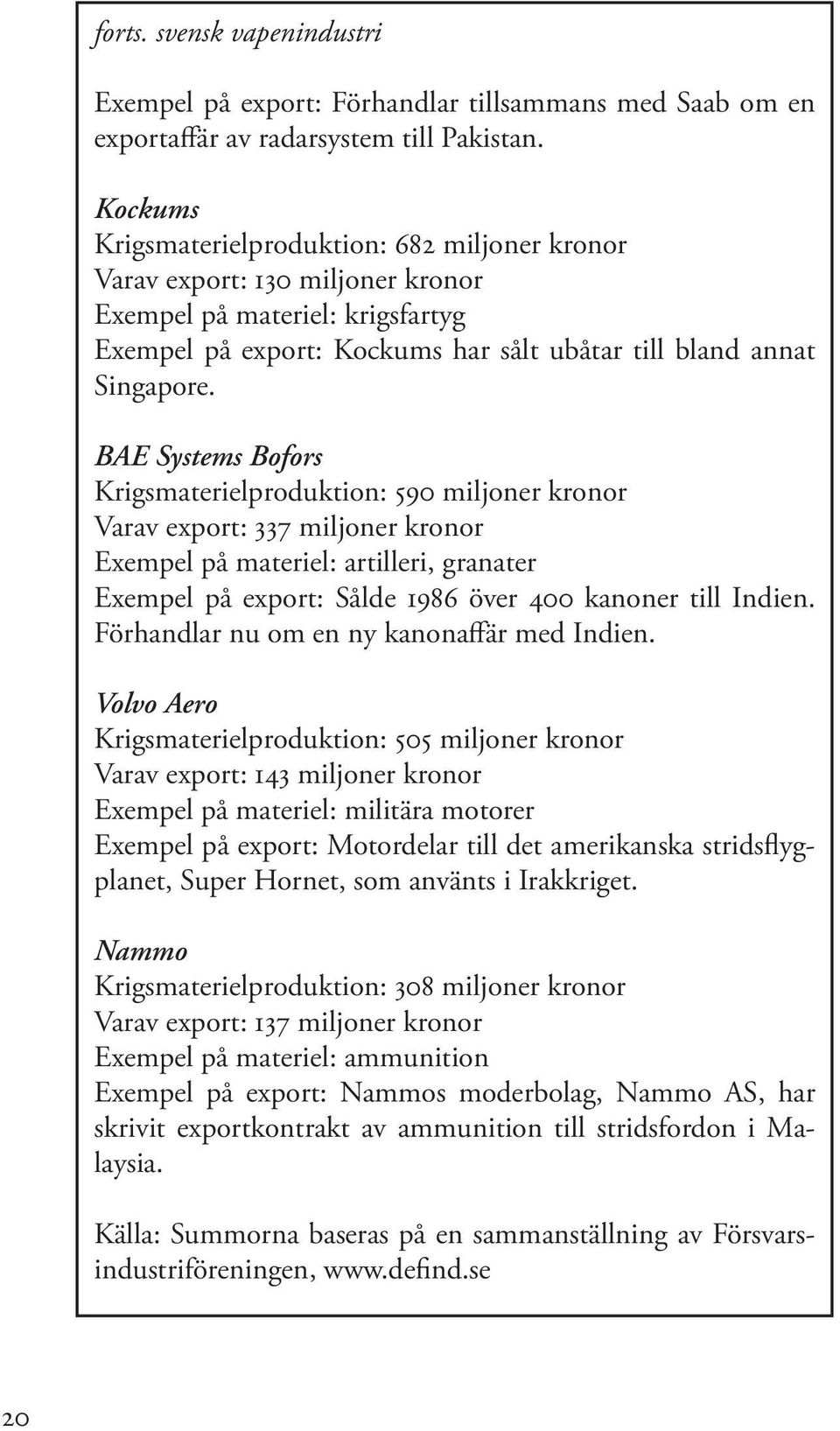 BAE Systems Bofors Krigsmaterielproduktion: 590 miljoner kronor Varav export: 337 miljoner kronor Exempel på materiel: artilleri, granater Exempel på export: Sålde 1986 över 400 kanoner till Indien.