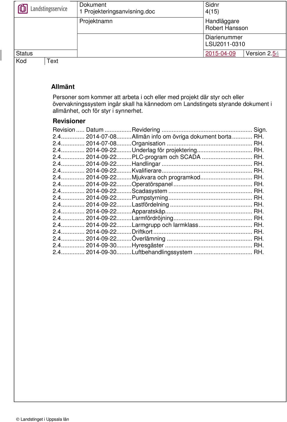 .. Underlag för projektering... RH. 2.4... 2014-09-22... PLC-program och SCADA... RH. 2.4... 2014-09-22... Handlingar... RH. 2.4... 2014-09-22... Kvalifierare... RH. 2.4... 2014-09-22... Mjukvara och programkod.