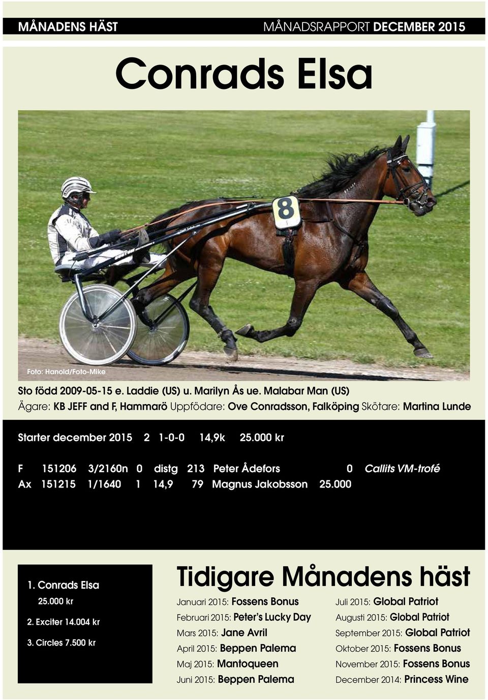 000 kr F 151206 3/2160n 0 distg 213 Peter Ådefors 0 Callits VM-trofé Ax 151215 1/1640 1 14,9 79 Magnus Jakobsson 25.000 1. Conrads Elsa 25.000 kr 2. Exciter 14.004 kr 3. Circles 7.