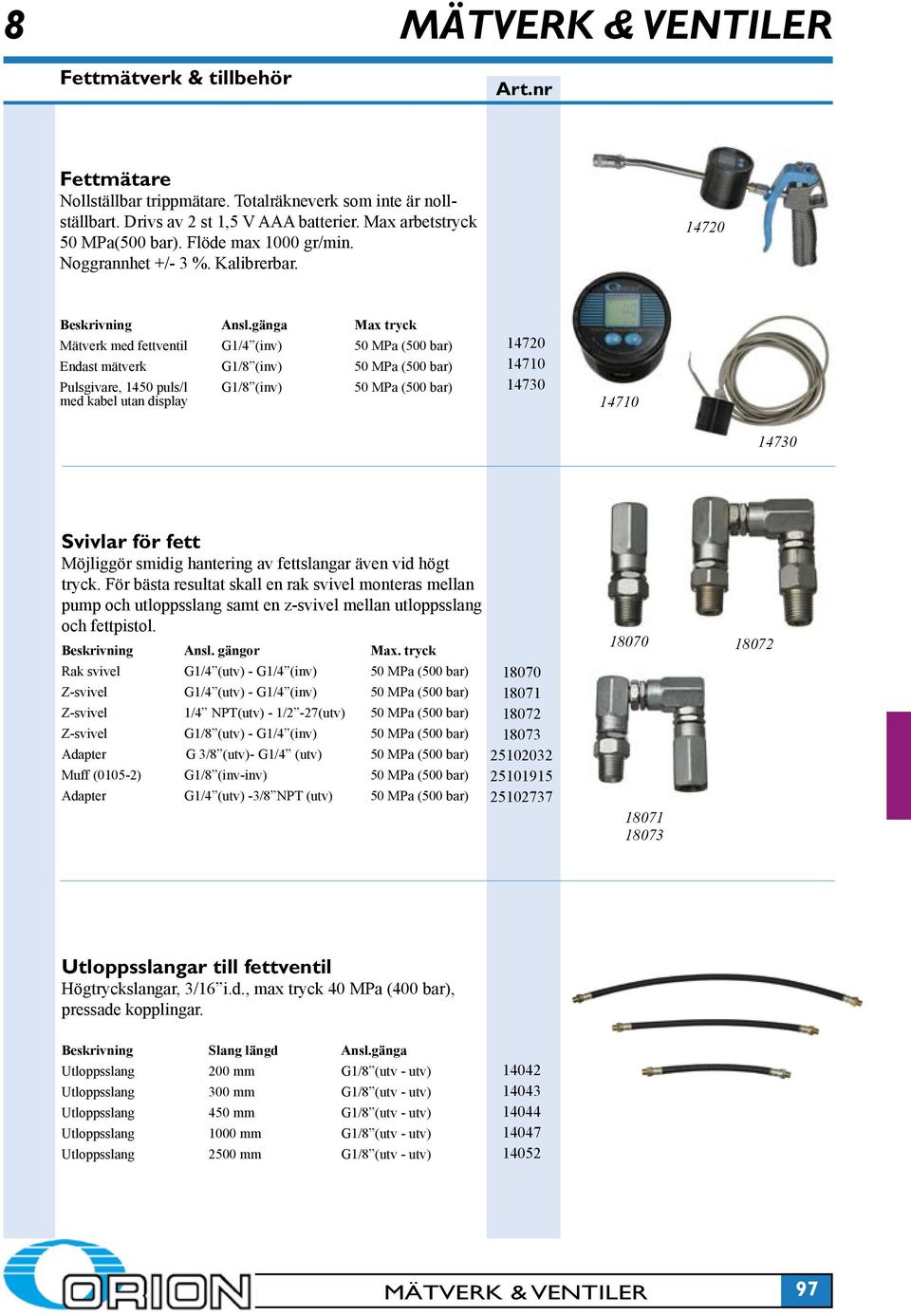 gänga Max tryck Mätverk med fettventil G1/4 (inv) 50 MPa (500 bar) Endast mätverk G1/8 (inv) 50 MPa (500 bar) Pulsgivare, 1450 puls/l G1/8 (inv) 50 MPa (500 bar) med kabel utan display 14720 14710