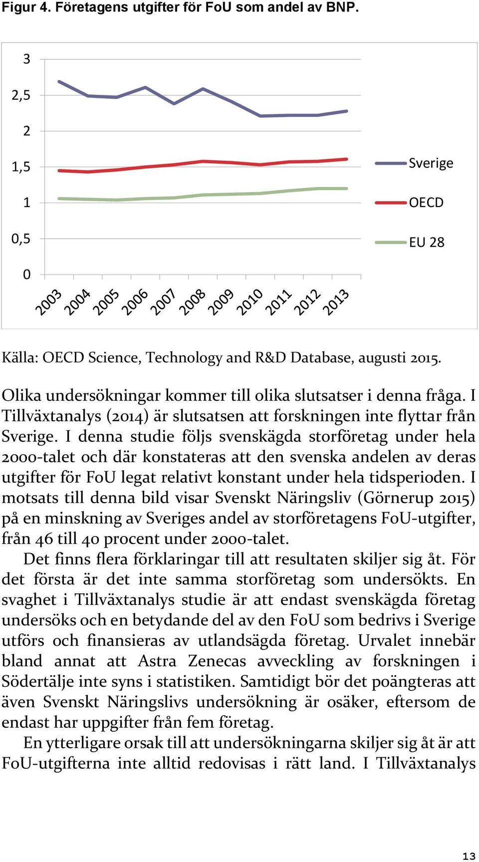 I denna studie följs svenskägda storföretag under hela 2000-talet och där konstateras att den svenska andelen av deras utgifter för FoU legat relativt konstant under hela tidsperioden.