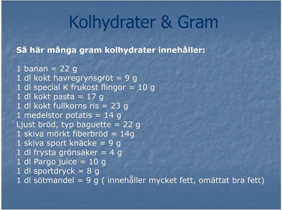 Ljust bröd, typ baguette = 22 g 1 skiva mörkt fiberbröd = 14g 1 skiva sport knäcke = 9 g 1 dl frysta grönsaker =