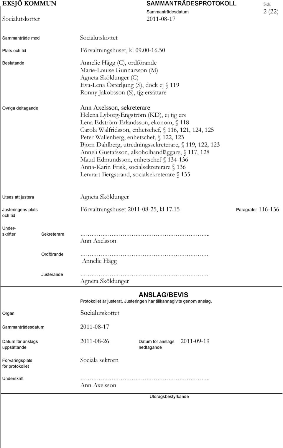 sekreterare Helena Lyborg-Engström (KD), ej tjg ers Lena Edström-Erlandsson, ekonom, 118 Carola Walfridsson, enhetschef, 116, 121, 124, 125 Peter Wallenberg, enhetschef, 122, 123 Björn Dahlberg,