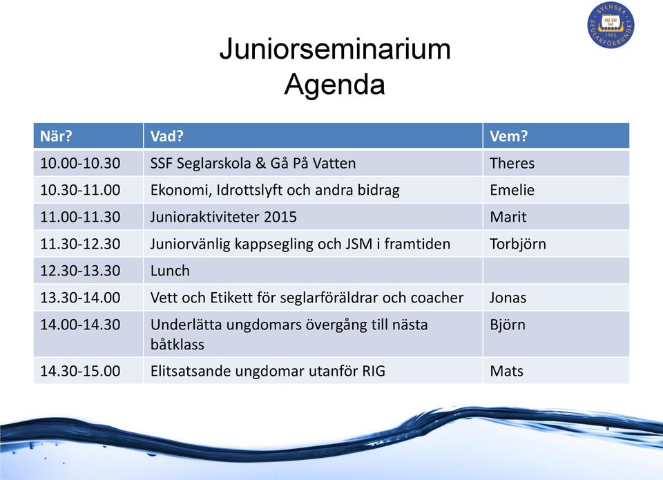 30 Juniorvänlig kappsegling och JSM i framtiden Torbjörn 12.30-13.30 Lunch 13.30-14.