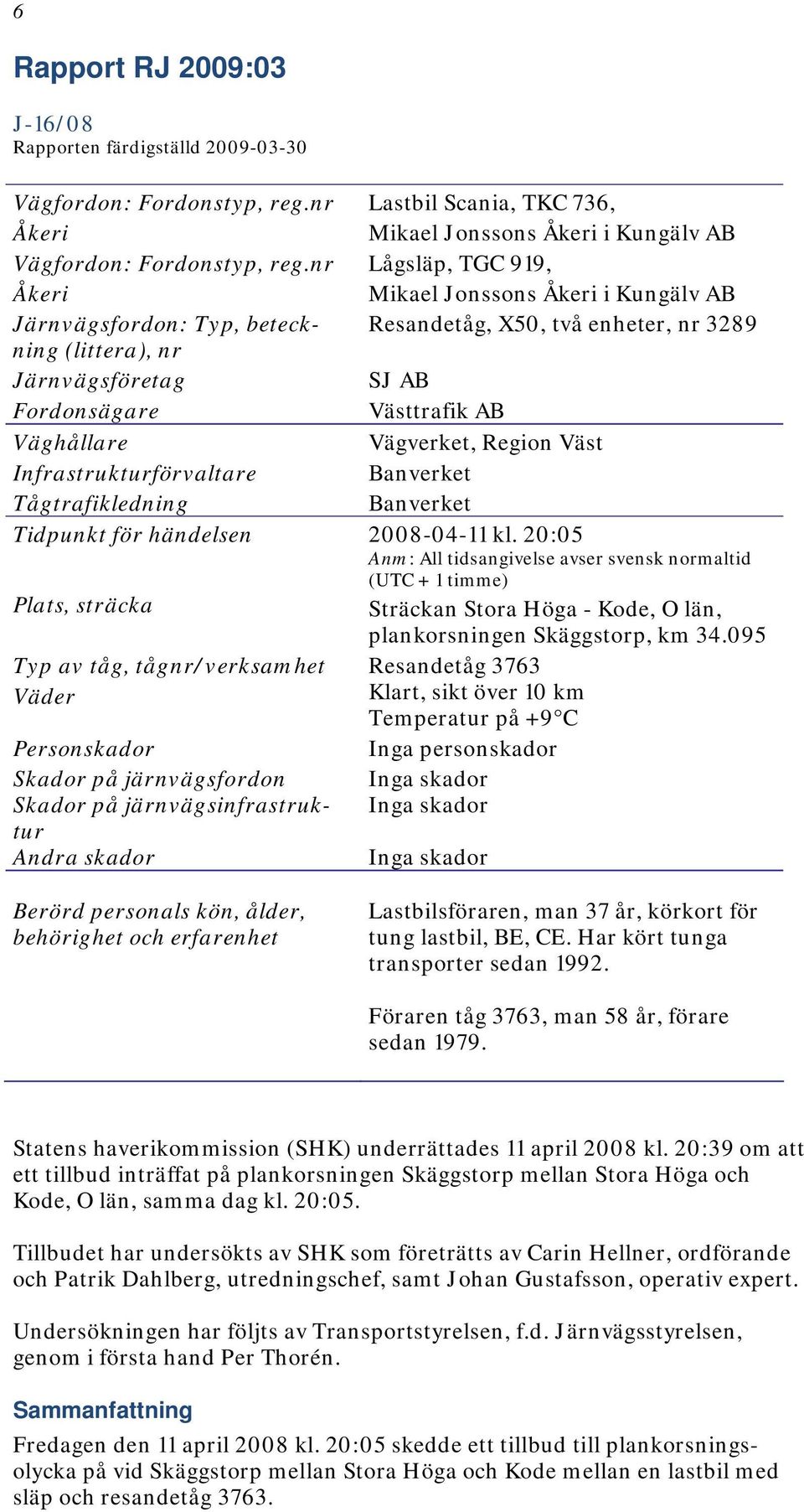 Väghållare Vägverket, Region Väst Infrastrukturförvaltare Banverket Tågtrafikledning Banverket Tidpunkt för händelsen 2008-04-11 kl.