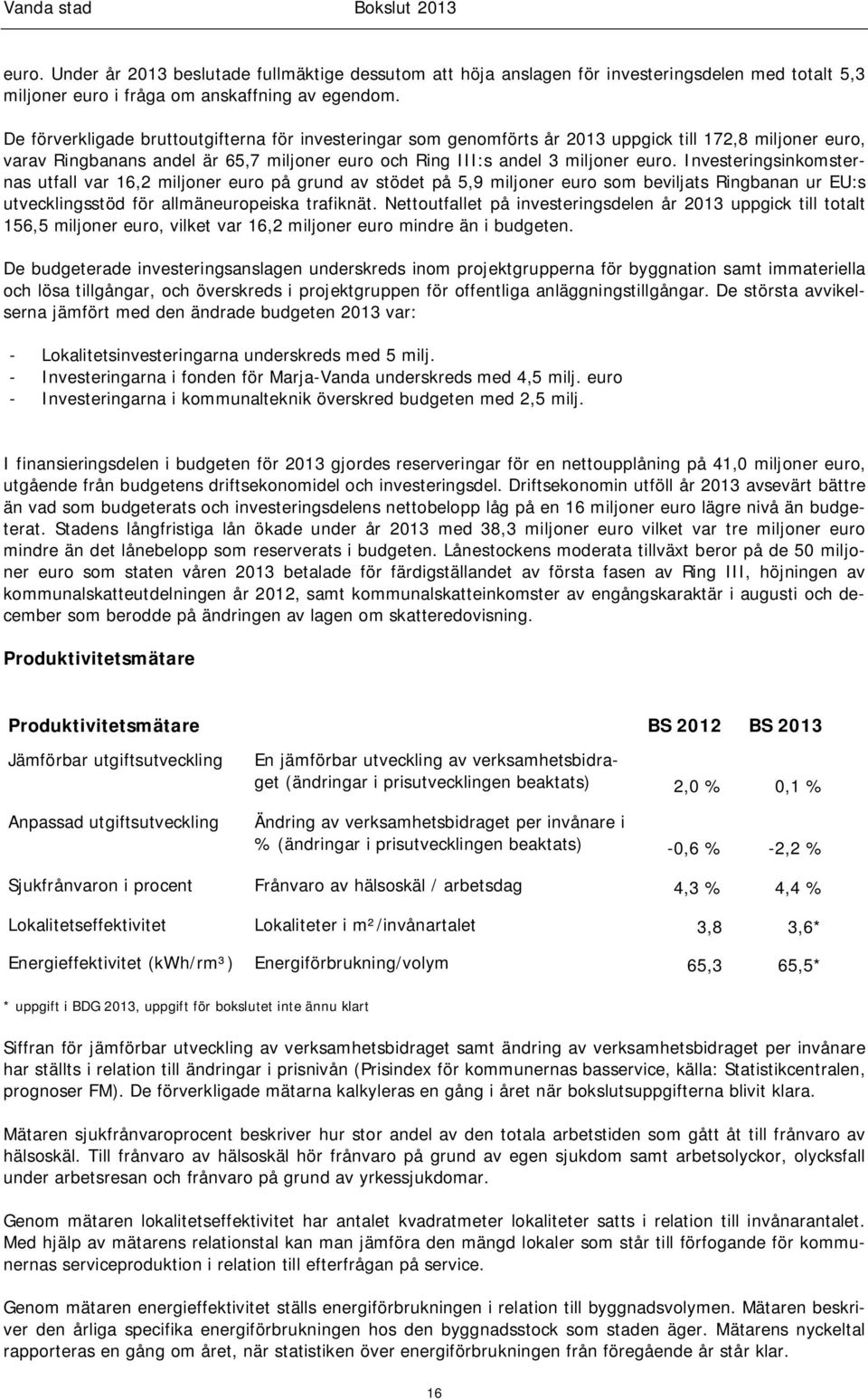 Investeringsinkomsternas utfall var 16,2 miljoner euro på grund av stödet på 5,9 miljoner euro som beviljats Ringbanan ur EU:s utvecklingsstöd för allmäneuropeiska trafiknät.