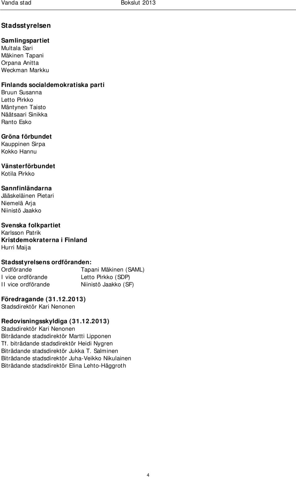 Hurri Maija Stadsstyrelsens ordföranden: Ordförande Tapani Mäkinen (SAML) I vice ordförande Letto Pirkko (SDP) II vice ordförande Niinistö Jaakko (SF) Föredragande (31.12.