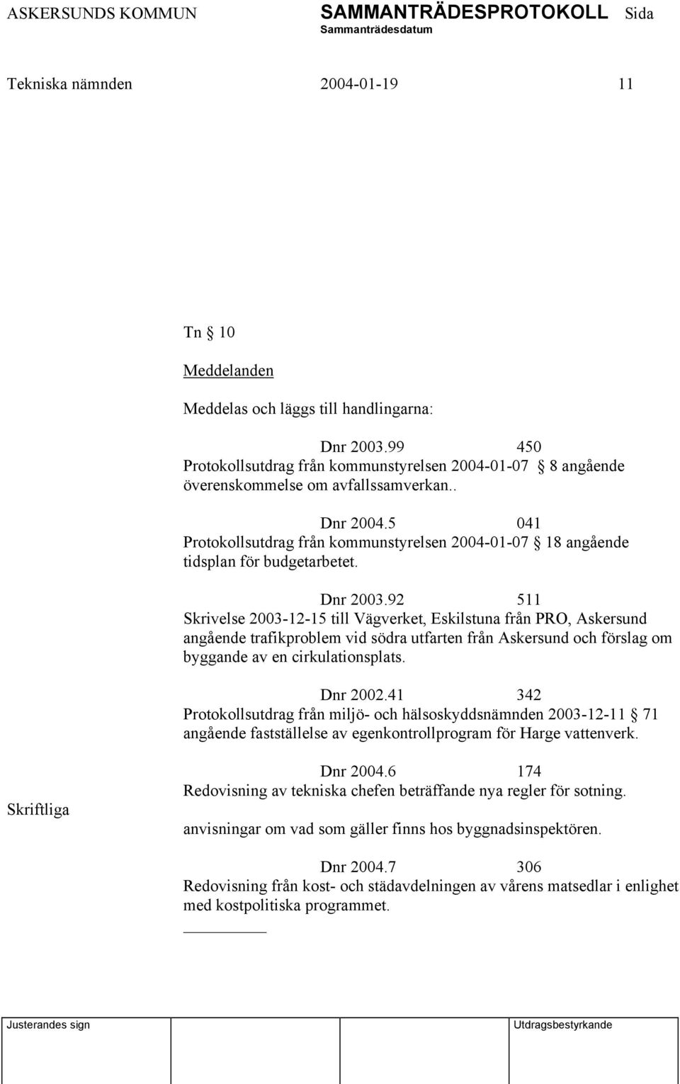 92 511 Skrivelse 2003-12-15 till Vägverket, Eskilstuna från PRO, Askersund angående trafikproblem vid södra utfarten från Askersund och förslag om byggande av en cirkulationsplats. Dnr 2002.