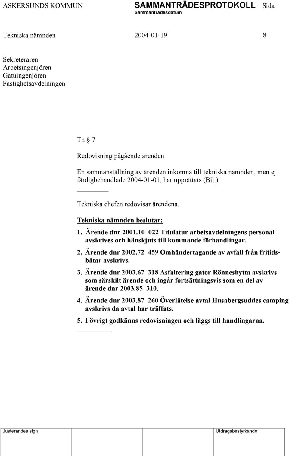 10 022 Titulatur arbetsavdelningens personal avskrives och hänskjuts till kommande förhandlingar. 2. Ärende dnr 2002.72 459 Omhändertagande av avfall från fritidsbåtar avskrivs. 3. Ärende dnr 2003.