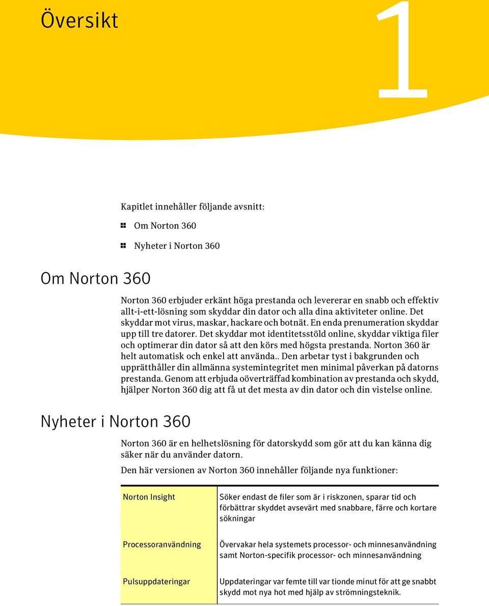 Det skyddar mot identitetsstöld online, skyddar viktiga filer och optimerar din dator så att den körs med högsta prestanda. Norton 360 är helt automatisk och enkel att använda.
