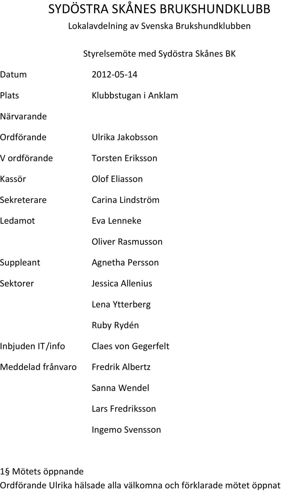 Oliver Rasmusson Suppleant Sektorer Agnetha Persson Jessica Allenius Lena Ytterberg Ruby Rydén Inbjuden IT /info Meddelad frånvaro Claes von