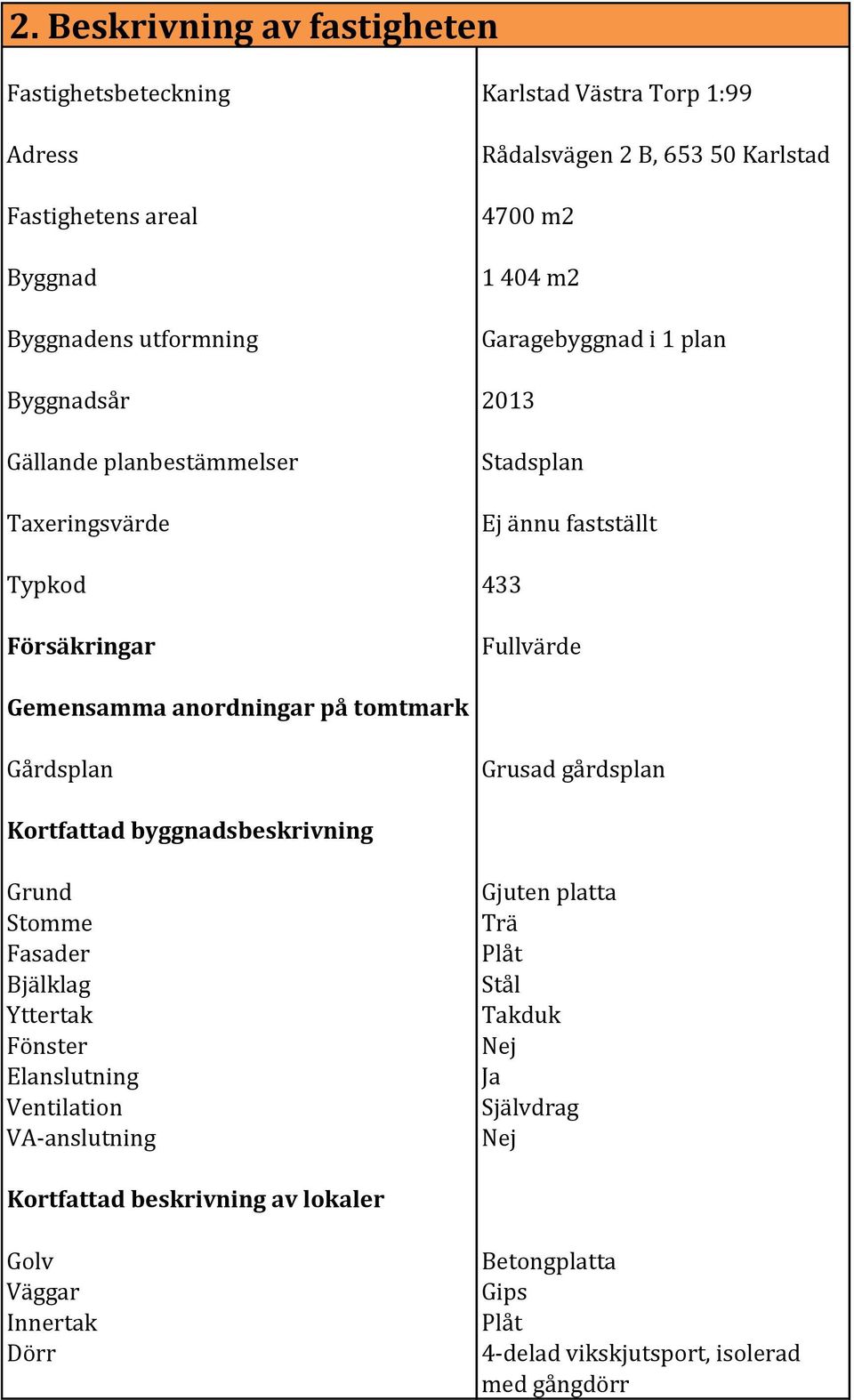 anordningar på tomtmark Gårdsplan Grusad gårdsplan Kortfattad byggnadsbeskrivning Grund Stomme Fasader Bjälklag Yttertak Fönster Elanslutning Ventilation VA-anslutning